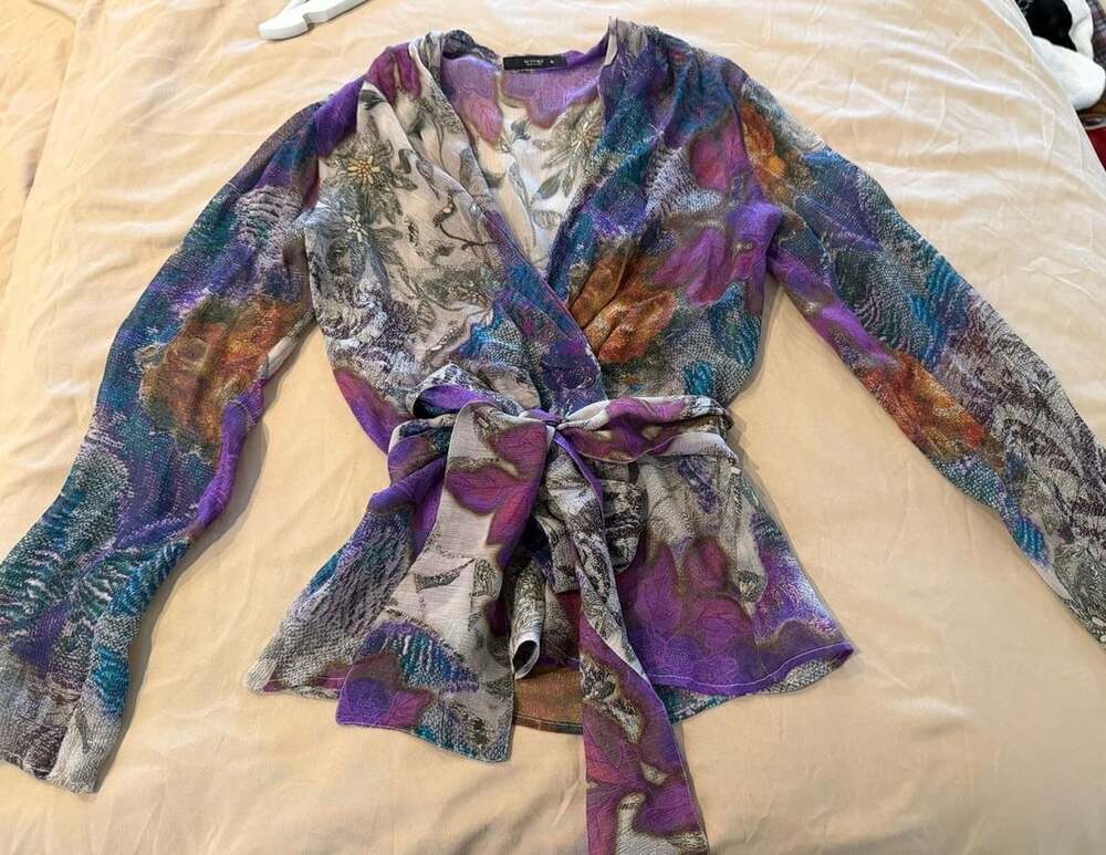 Etro Floral Wrap Blouse Size 42 Purple Sheer Silk Long Sleeve Top